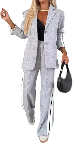 2 Piece Sets for Women Business Casual Blazers Striped Print Blazer Jacket and Wide Leg Pants Work Office Suit Sets