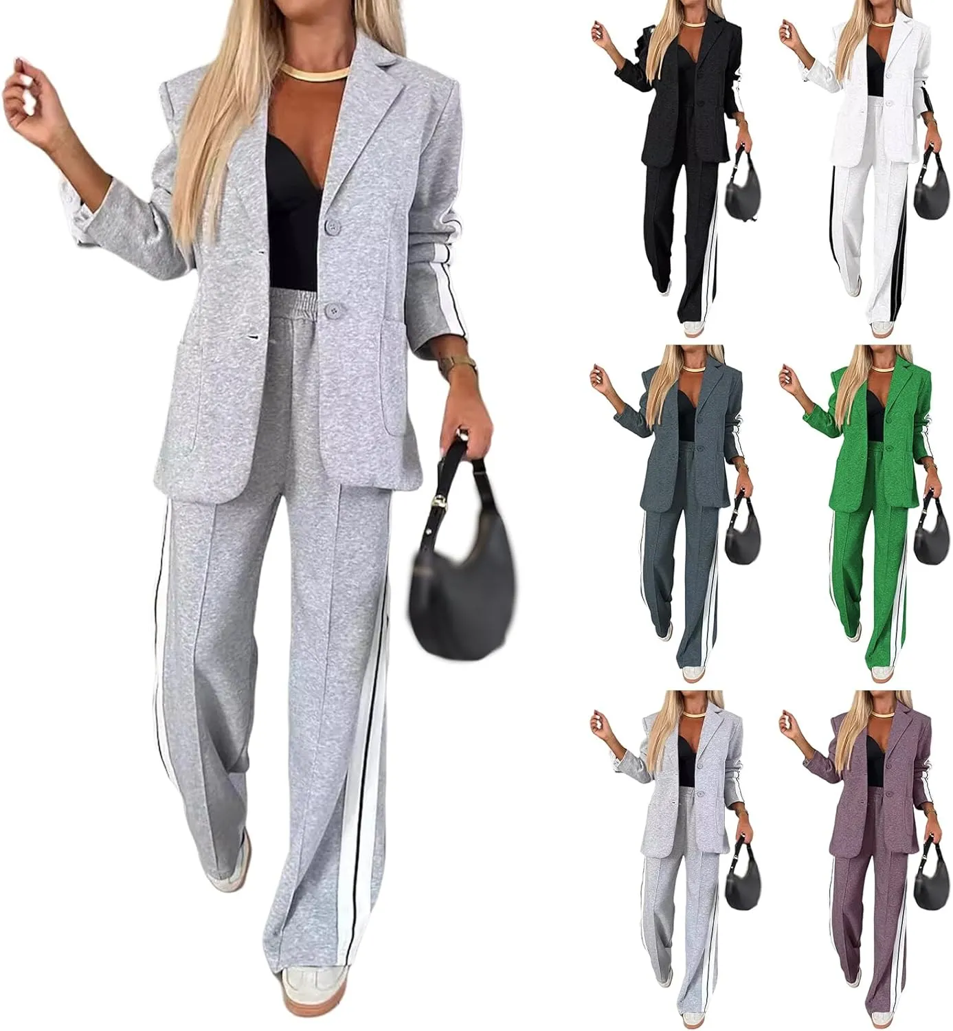 2 Piece Sets for Women Business Casual Blazers Striped Print Blazer Jacket and Wide Leg Pants Work Office Suit Sets