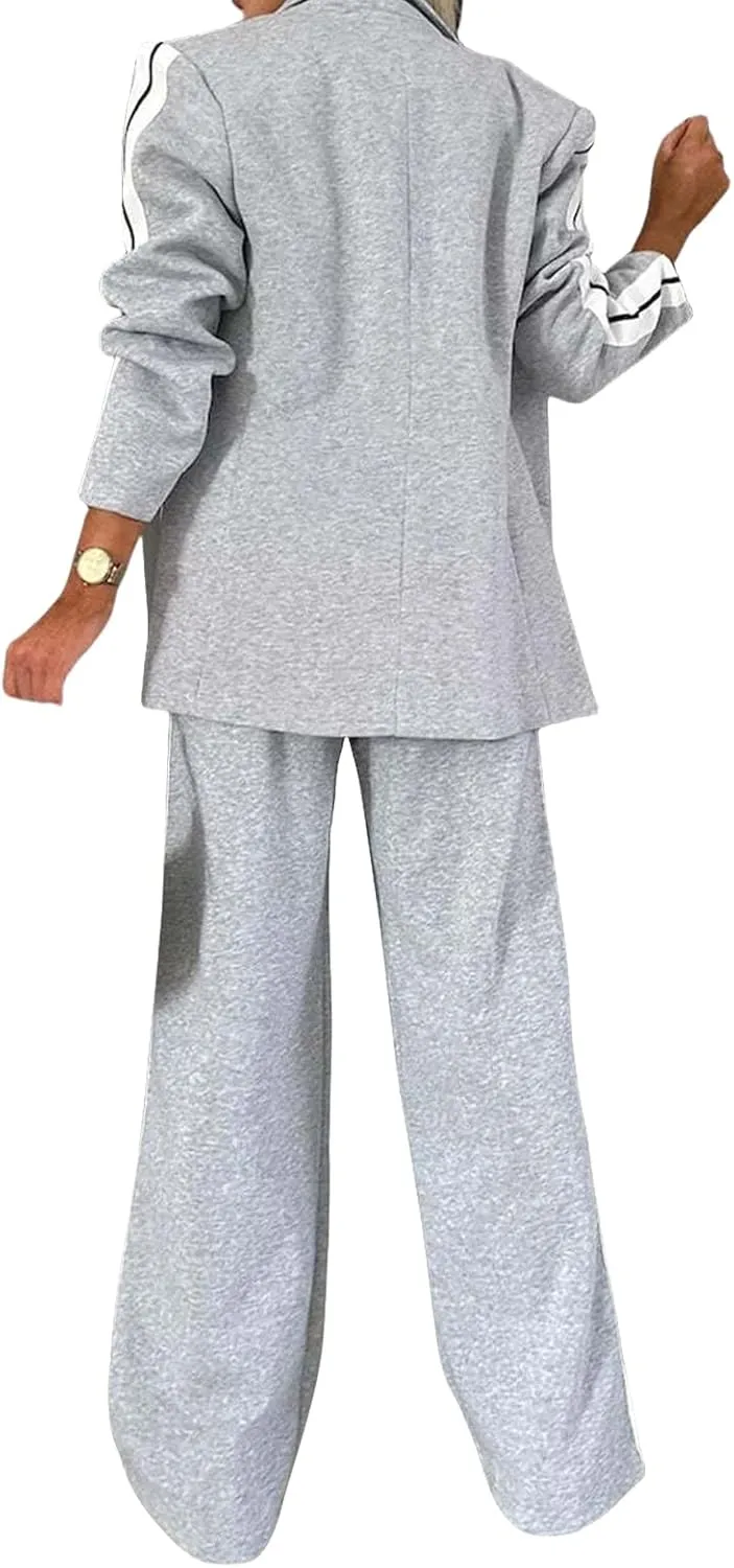 2 Piece Sets for Women Business Casual Blazers Striped Print Blazer Jacket and Wide Leg Pants Work Office Suit Sets