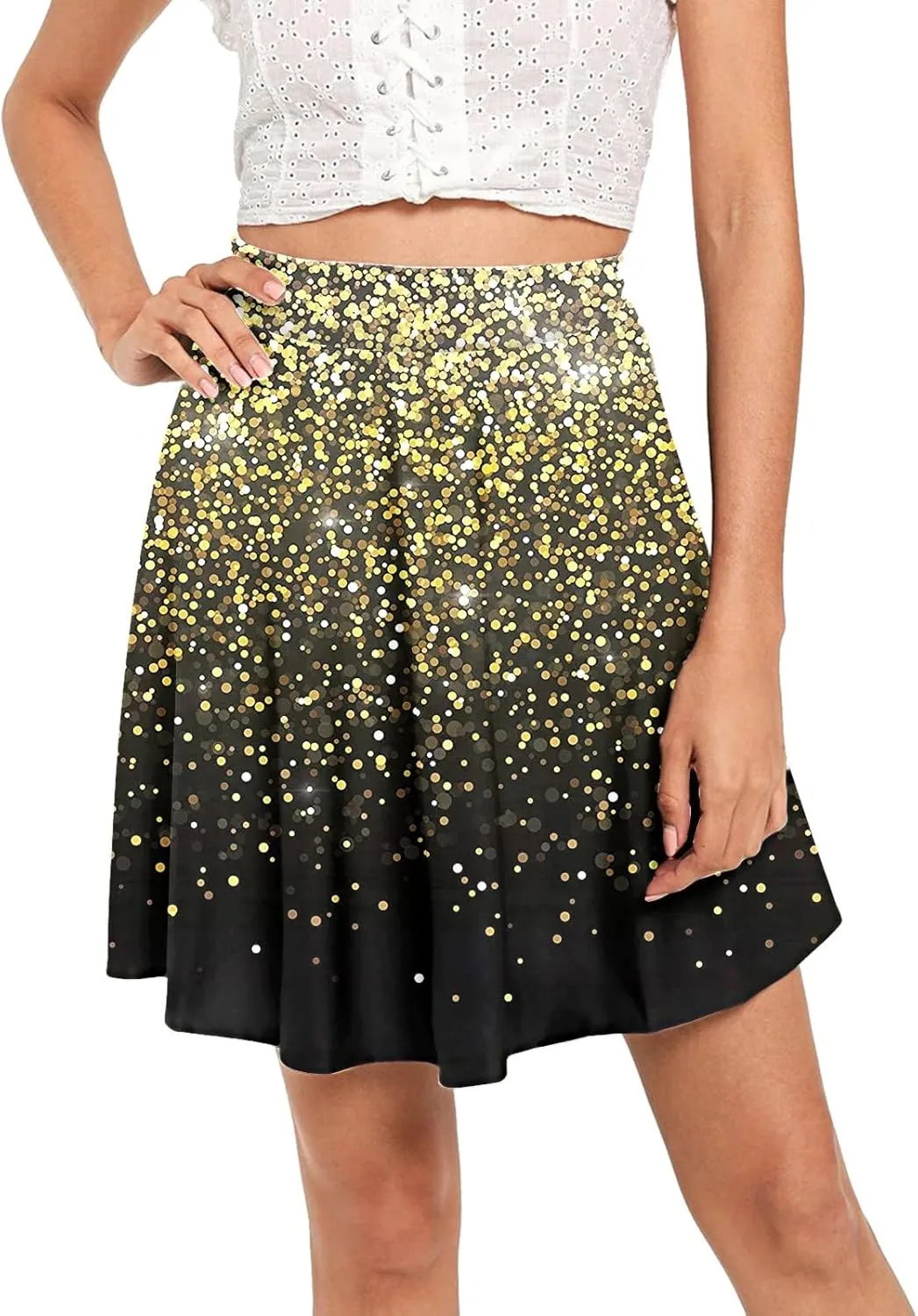 2023 Skirt Women's Fashion Short Skirt Womens A Line Midi Skirt High Elastic Waist Sequin Skirts Pleated Ruffle