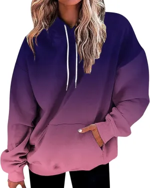 2024 Hoodies for Women Y2K Gradient Print Oversized Sweatshirt Casual Drawstring Hooded Pullover with Pocket