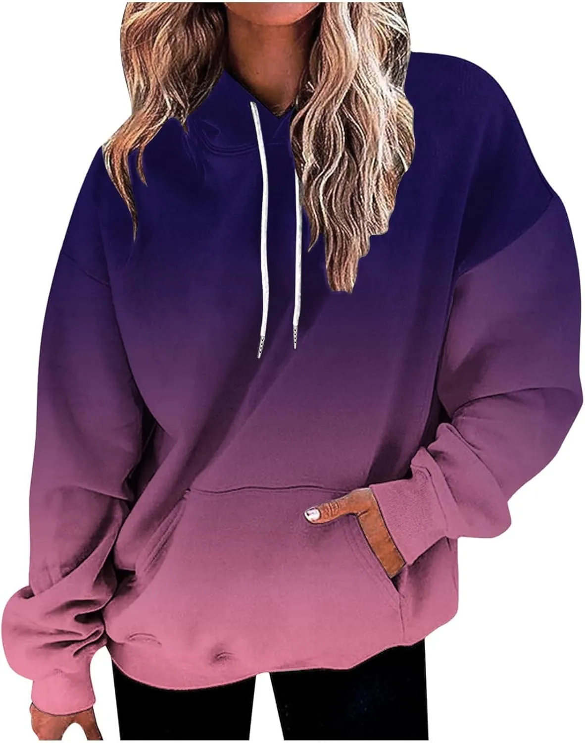 2024 Hoodies for Women Y2K Gradient Print Oversized Sweatshirt Casual Drawstring Hooded Pullover with Pocket