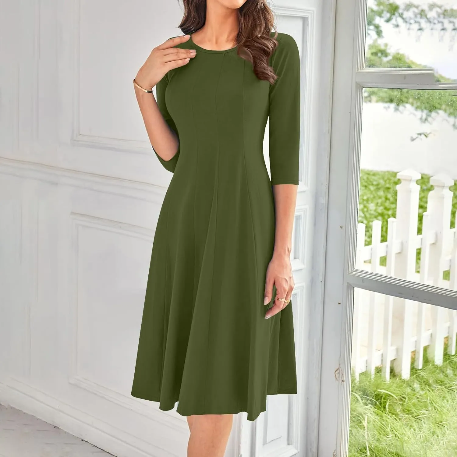 3/4 Sleeve Midi Dresses for Women 2024 Fashion Solid Color Pleated Dress Casual Plus Size Crewneck Dress with Pockets