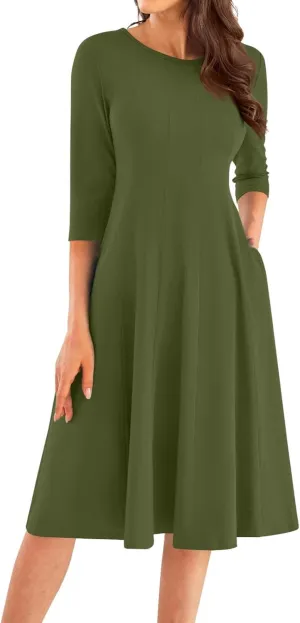 3/4 Sleeve Midi Dresses for Women 2024 Fashion Solid Color Pleated Dress Casual Plus Size Crewneck Dress with Pockets