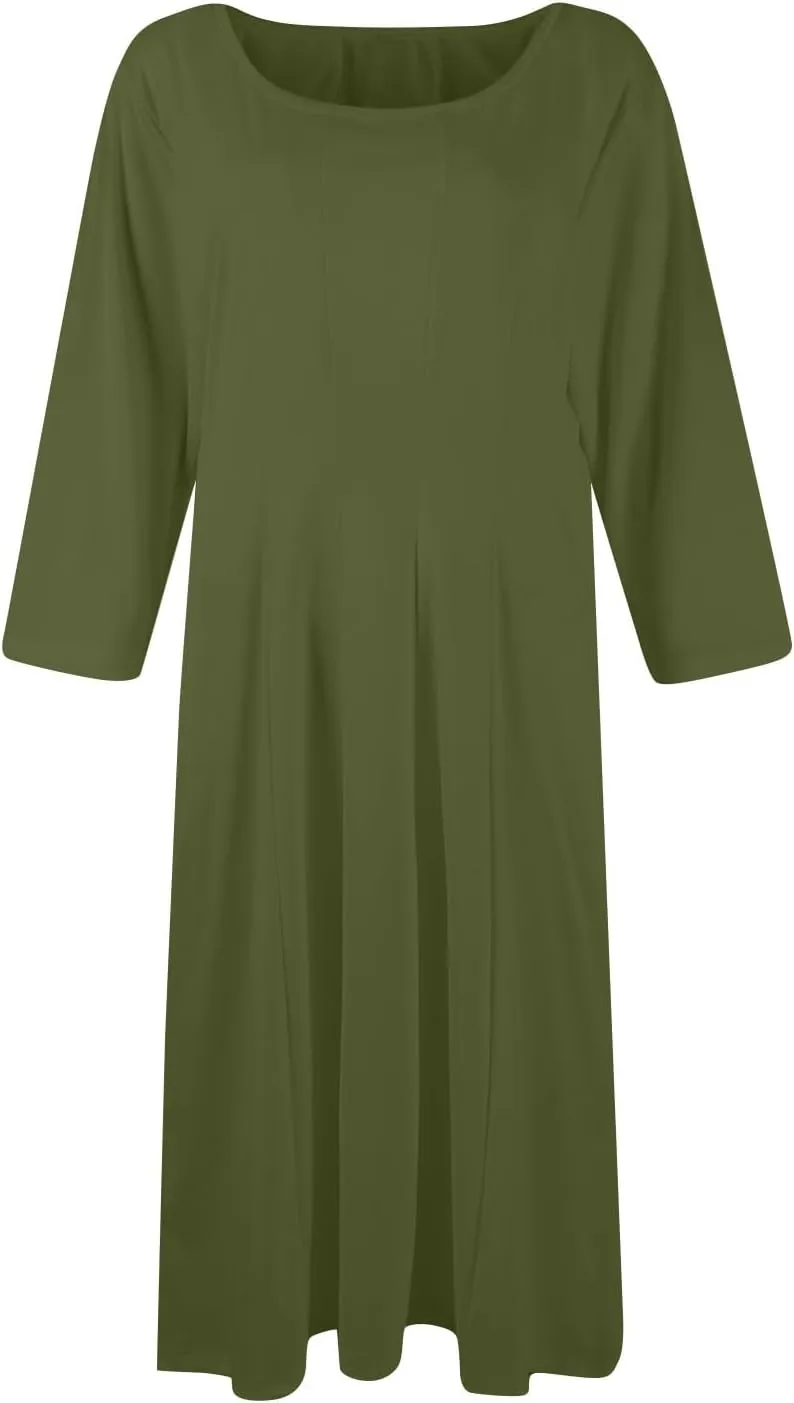 3/4 Sleeve Midi Dresses for Women 2024 Fashion Solid Color Pleated Dress Casual Plus Size Crewneck Dress with Pockets