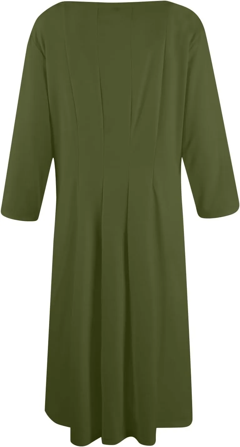 3/4 Sleeve Midi Dresses for Women 2024 Fashion Solid Color Pleated Dress Casual Plus Size Crewneck Dress with Pockets