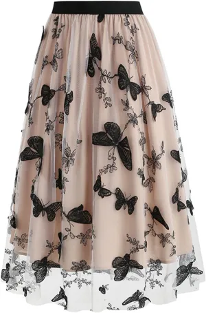 A Line Skirt for Women Retro Mesh Embroidery Tulle Skirts Fashion Elegant Floral Puffy Skirt Pleated Swing Skirts