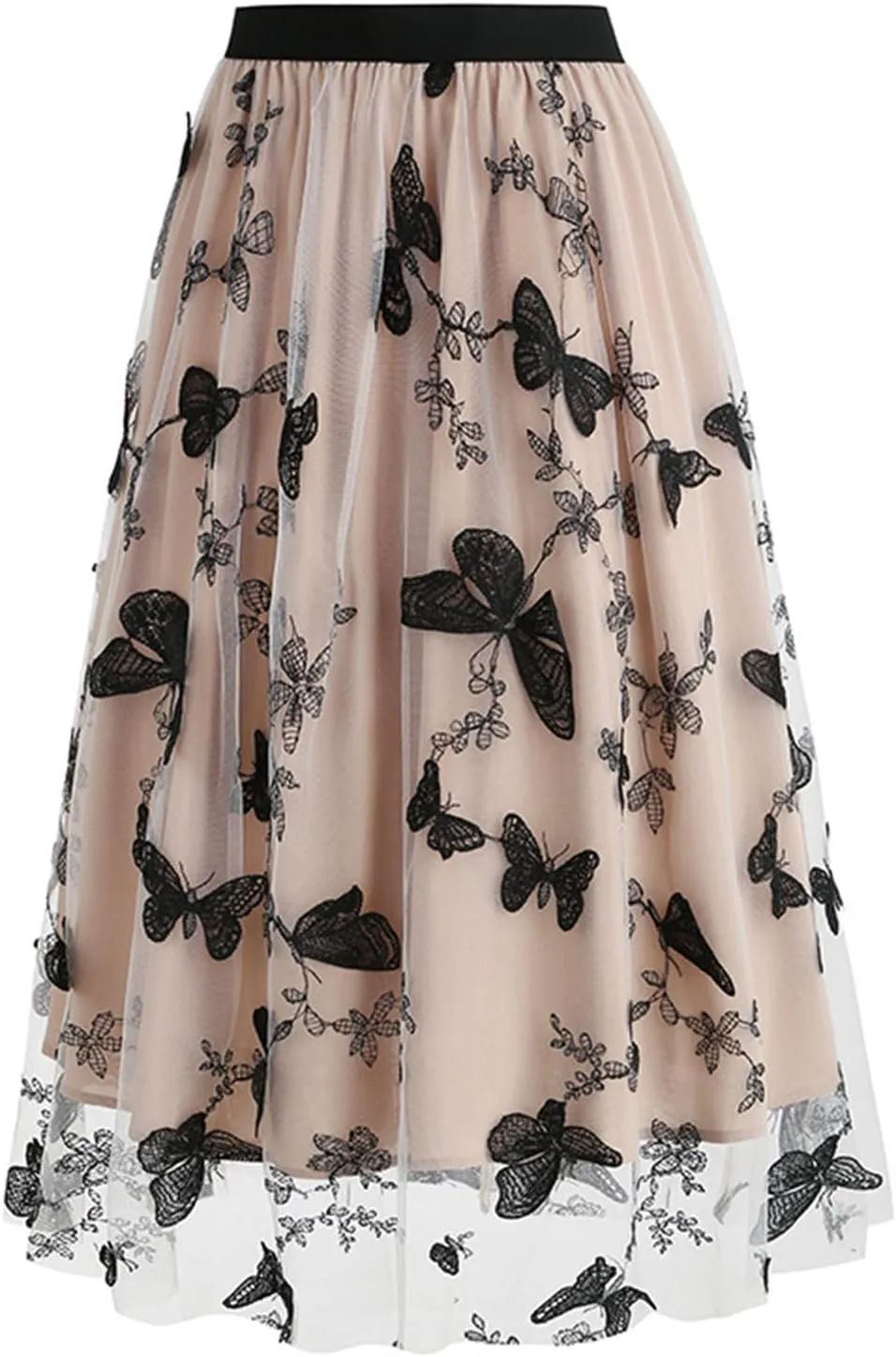 A Line Skirt for Women Retro Mesh Embroidery Tulle Skirts Fashion Elegant Floral Puffy Skirt Pleated Swing Skirts