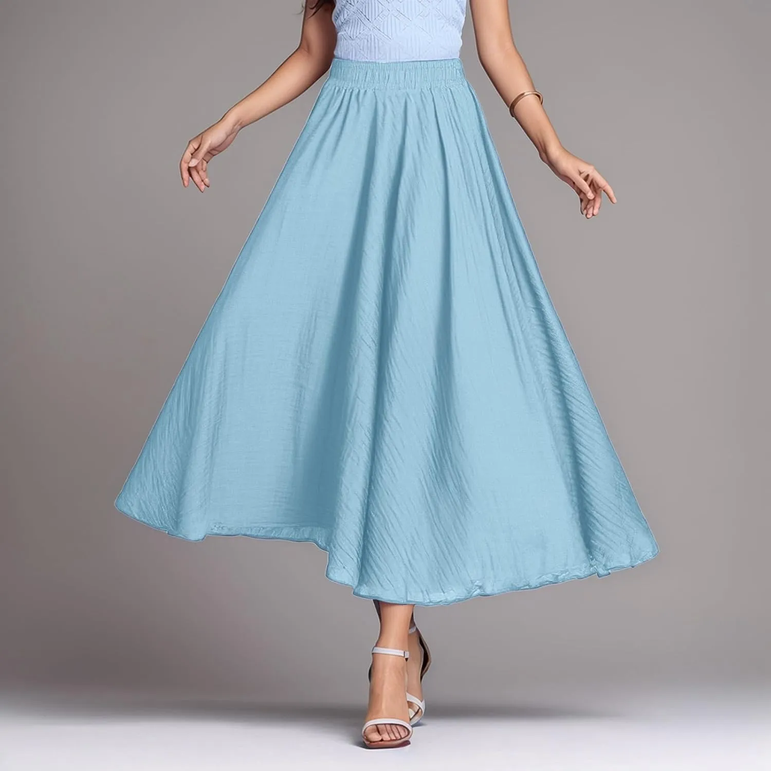 A Line Skirt for Women Trendy Flared High Elastic Waist Solid Loose Summer Pleated Long Skirts for Vacation Streetwear