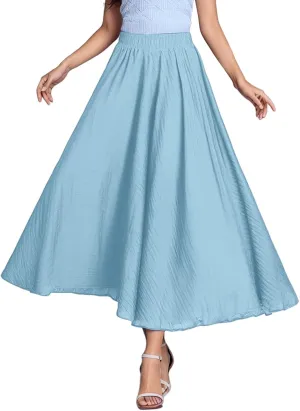 A Line Skirt for Women Trendy Flared High Elastic Waist Solid Loose Summer Pleated Long Skirts for Vacation Streetwear