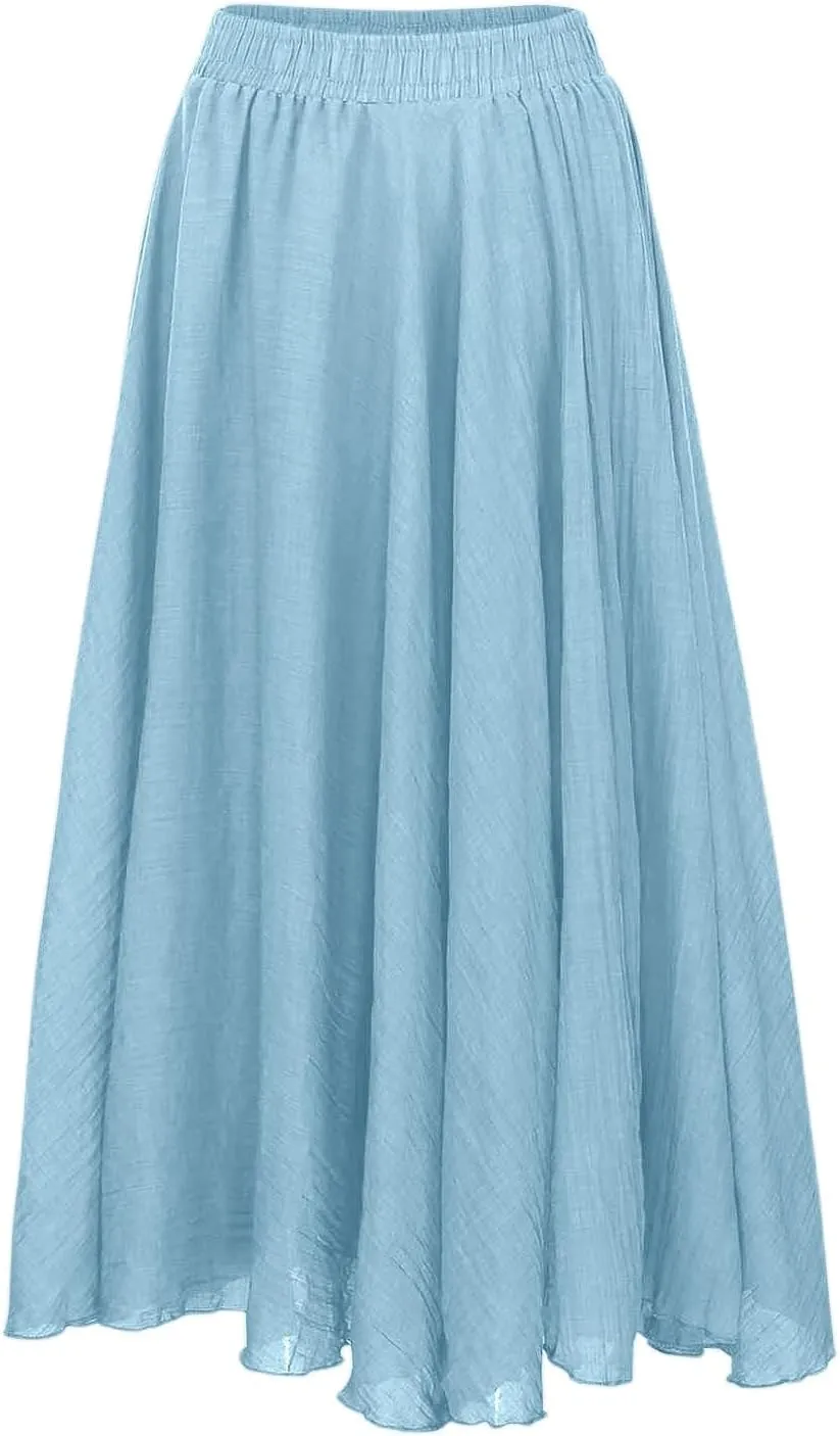 A Line Skirt for Women Trendy Flared High Elastic Waist Solid Loose Summer Pleated Long Skirts for Vacation Streetwear