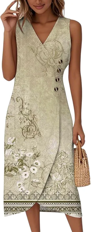 ADHOWBEW Women Flowy Beach Party Sleeveless Button Up Sexy Trendy Casual V Neck Elegant Midi Dresses