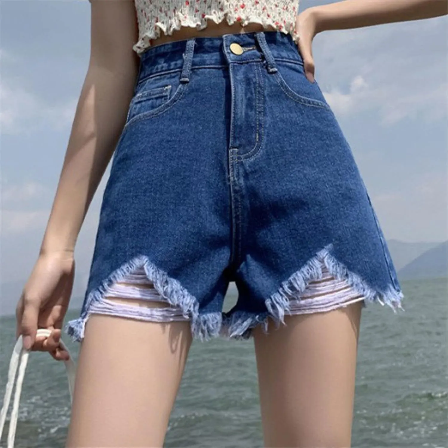 Andongnywell Women's Summer Frayed Ripped Denim Shorts Hiking Ripped Raw Hem Shorts High Rise Distressed Jean Shorts