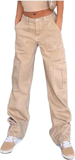 Baggy Jeans for Women Y2K Stretch High Waisted Straight Wide Leg Denim Jeans Pants Trousers Drawstring Flap Pocket