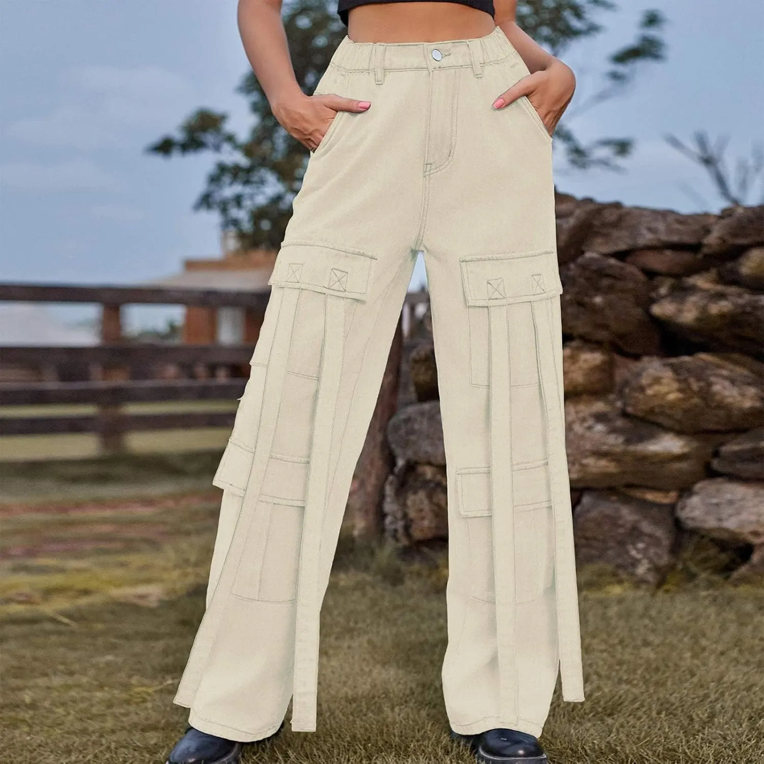 Baggy Jeans for Women Y2K Stretch High Waisted Straight Wide Leg Denim Jeans Pants Trousers Drawstring Flap Pocket