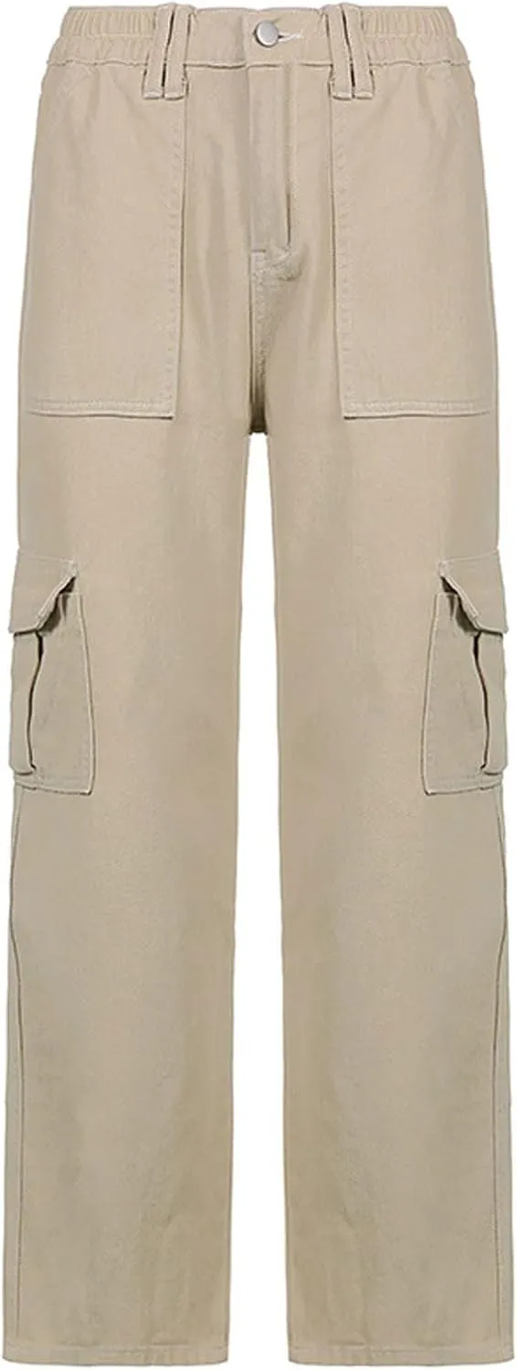 Baggy Jeans for Women Y2K Stretch High Waisted Straight Wide Leg Denim Jeans Pants Trousers Drawstring Flap Pocket