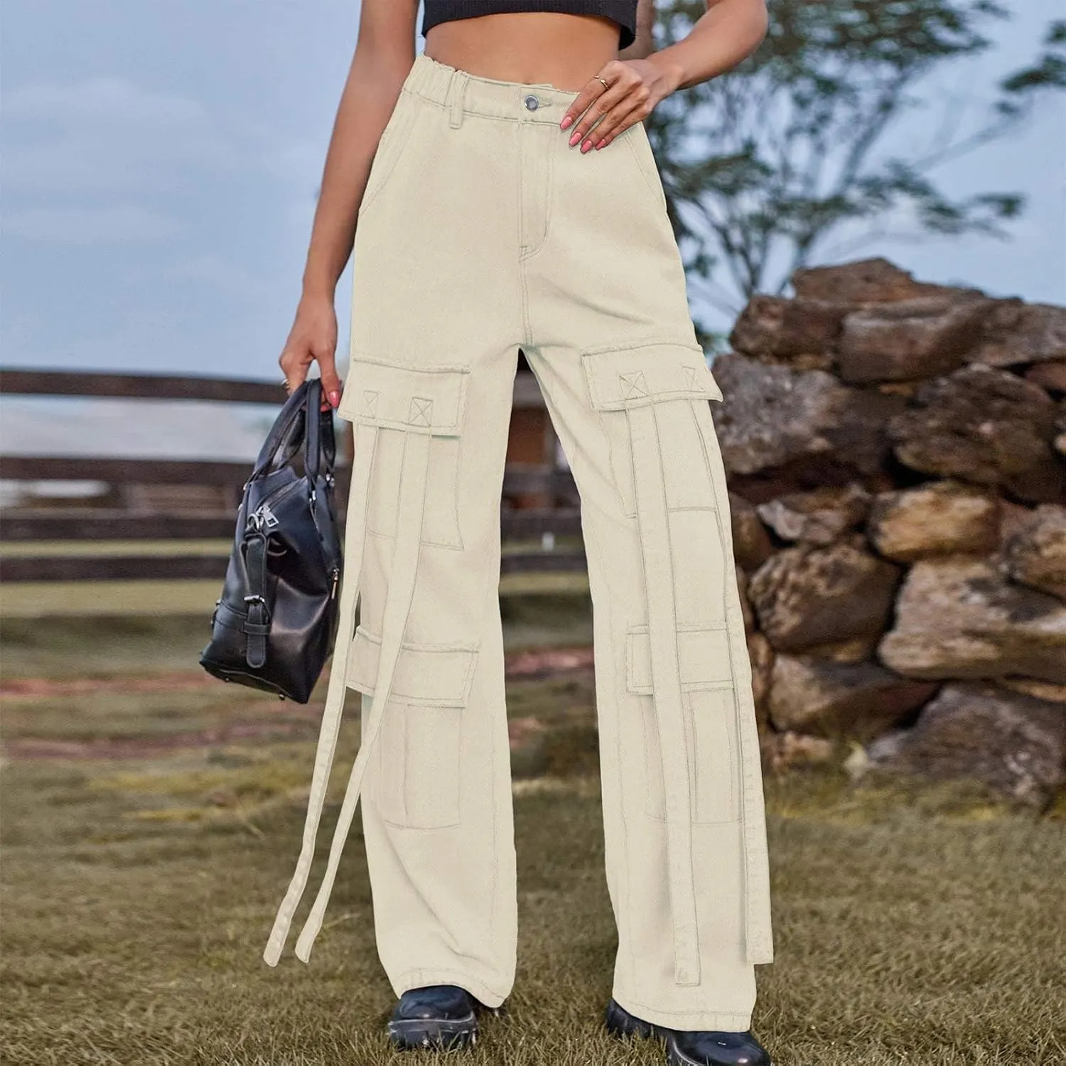 Baggy Jeans for Women Y2K Stretch High Waisted Straight Wide Leg Denim Jeans Pants Trousers Drawstring Flap Pocket