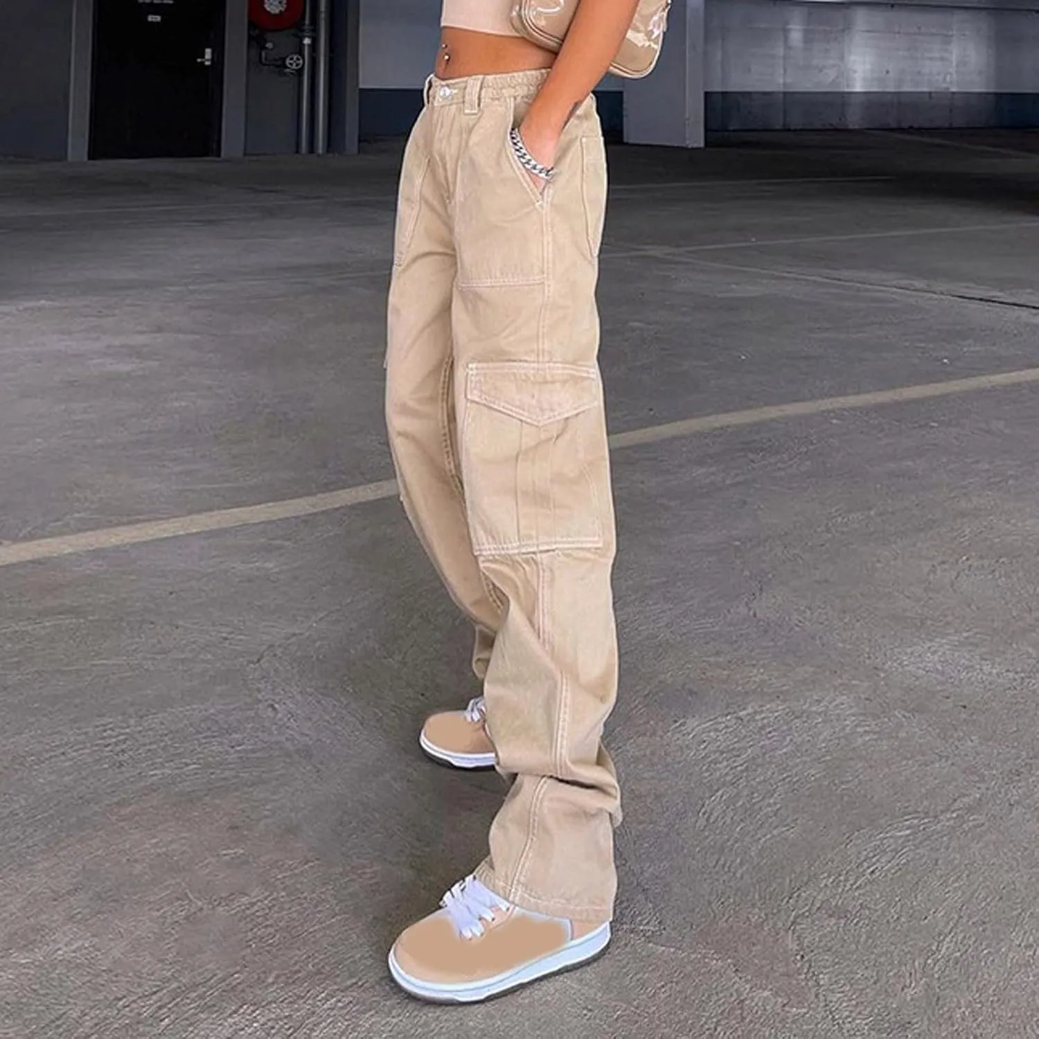 Baggy Jeans for Women Y2K Stretch High Waisted Straight Wide Leg Denim Jeans Pants Trousers Drawstring Flap Pocket