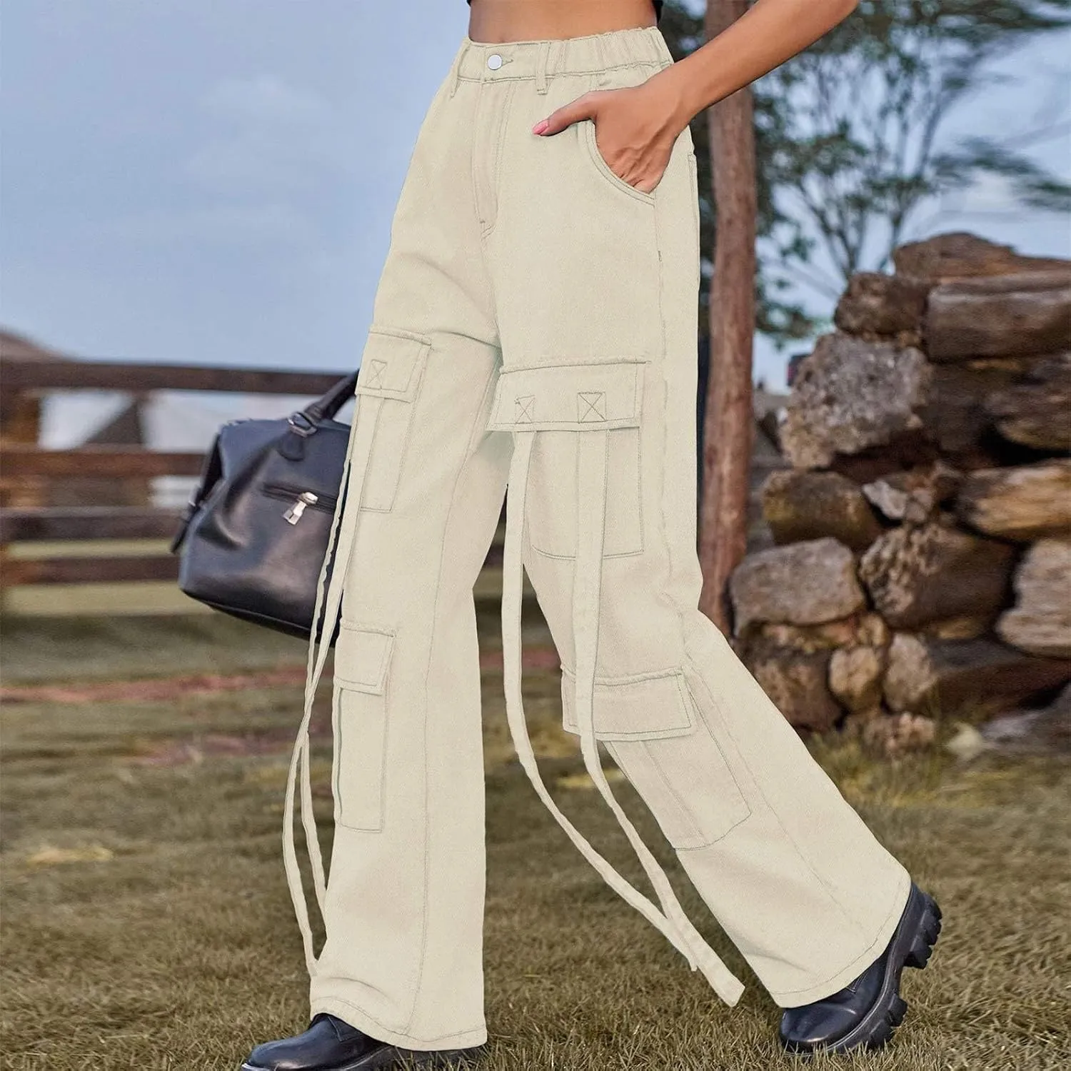 Baggy Jeans for Women Y2K Stretch High Waisted Straight Wide Leg Denim Jeans Pants Trousers Drawstring Flap Pocket