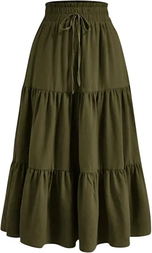 BAXLIMEK Midi Skirts for Women,2025 Spring Summer Trendy Ruffle Tiered A-Line Boho Skirts,Elastic Waist Flowy Beach Dress