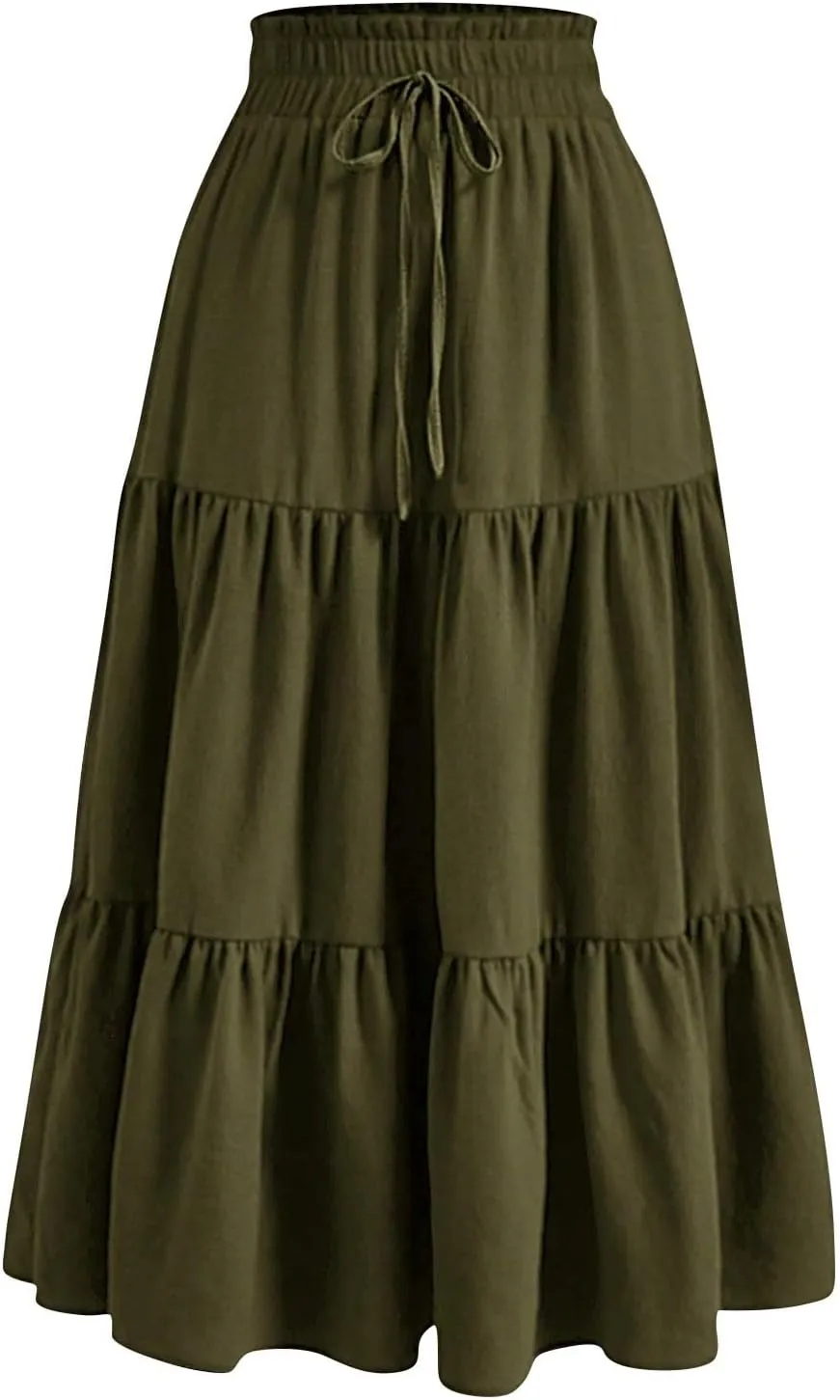 BAXLIMEK Midi Skirts for Women,2025 Spring Summer Trendy Ruffle Tiered A-Line Boho Skirts,Elastic Waist Flowy Beach Dress