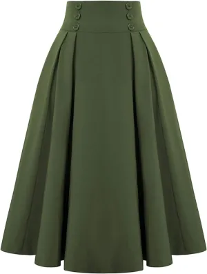 BAXLIMEK Pleated Skirts for Women,2025 Spring Summer Elegant Button High Waist A-Line Midi Skirts,Flowy Swing Boho Skirts
