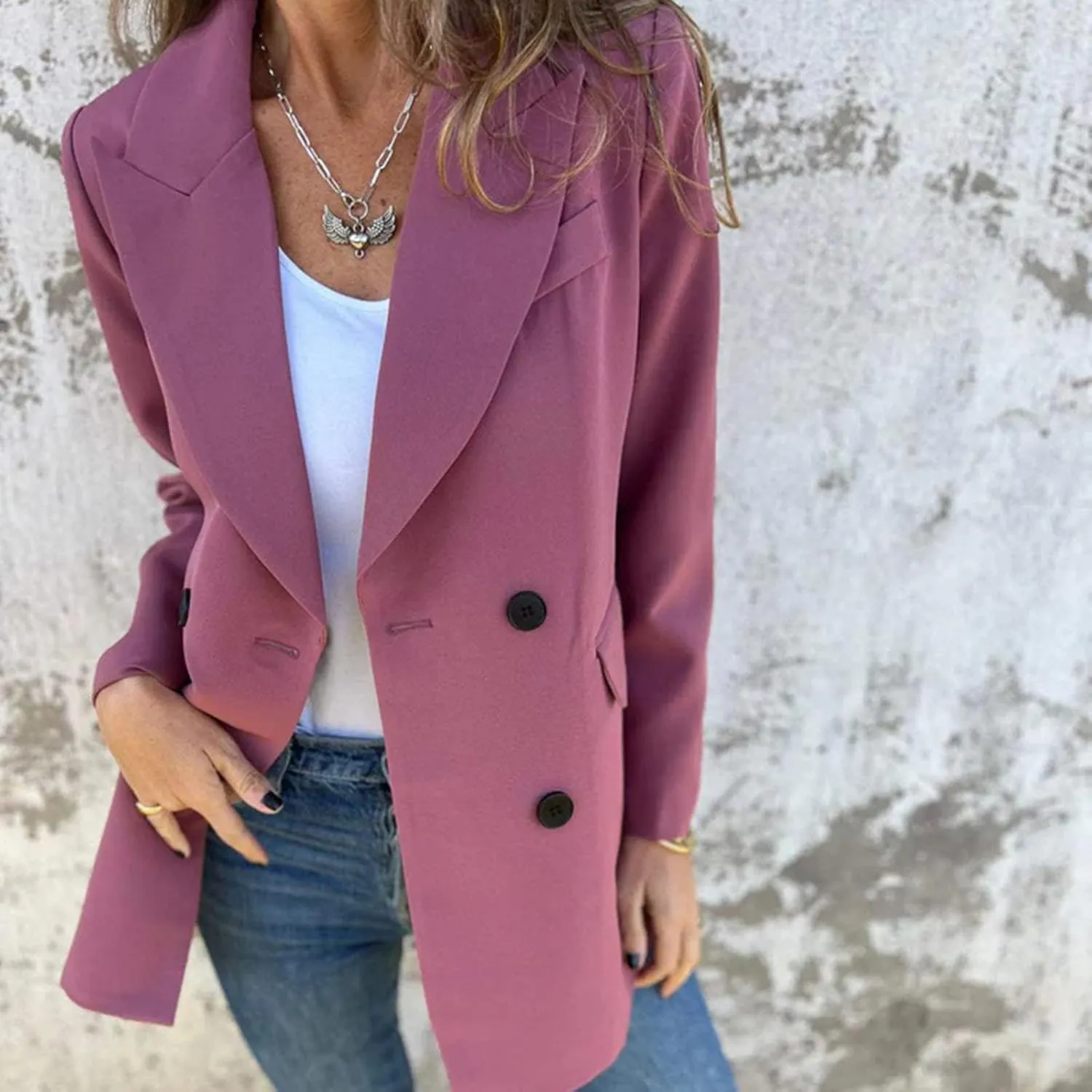 Blazers for Women Business Casual Double Breasted Oversized Suit Jackets Long Sleeve Notched Lapel Solid Color Blazer
