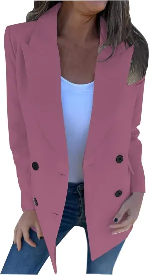 Blazers for Women Business Casual Double Breasted Oversized Suit Jackets Long Sleeve Notched Lapel Solid Color Blazer