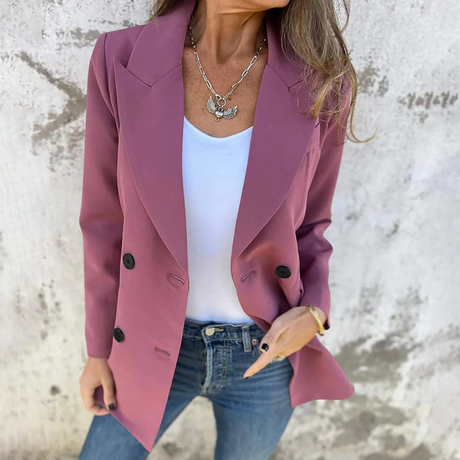 Blazers for Women Business Casual Double Breasted Oversized Suit Jackets Long Sleeve Notched Lapel Solid Color Blazer