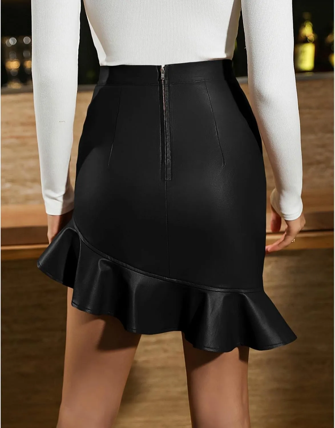 Bodycon Mini Skirts for Women Faux Leather Skirt High Waisted Ruffle Hem Skirt