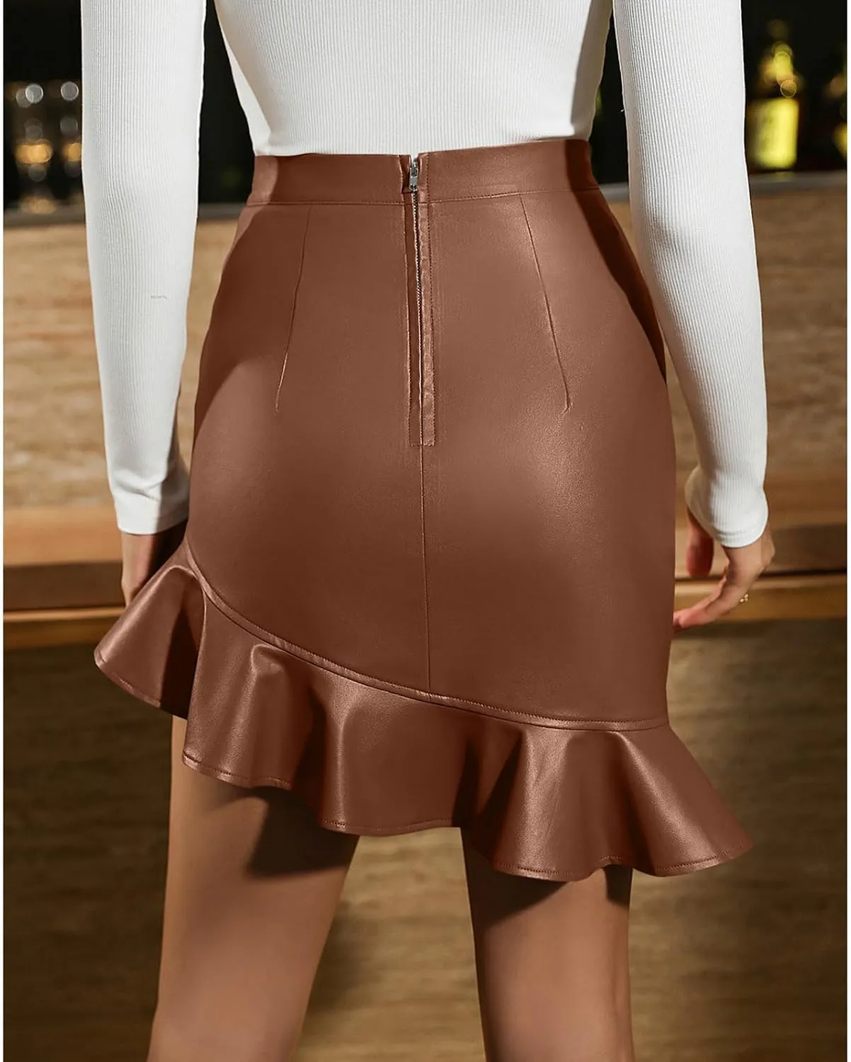 Bodycon Mini Skirts for Women Faux Leather Skirt High Waisted Ruffle Hem Skirt