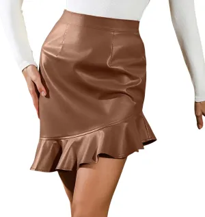 Bodycon Mini Skirts for Women Faux Leather Skirt High Waisted Ruffle Hem Skirt