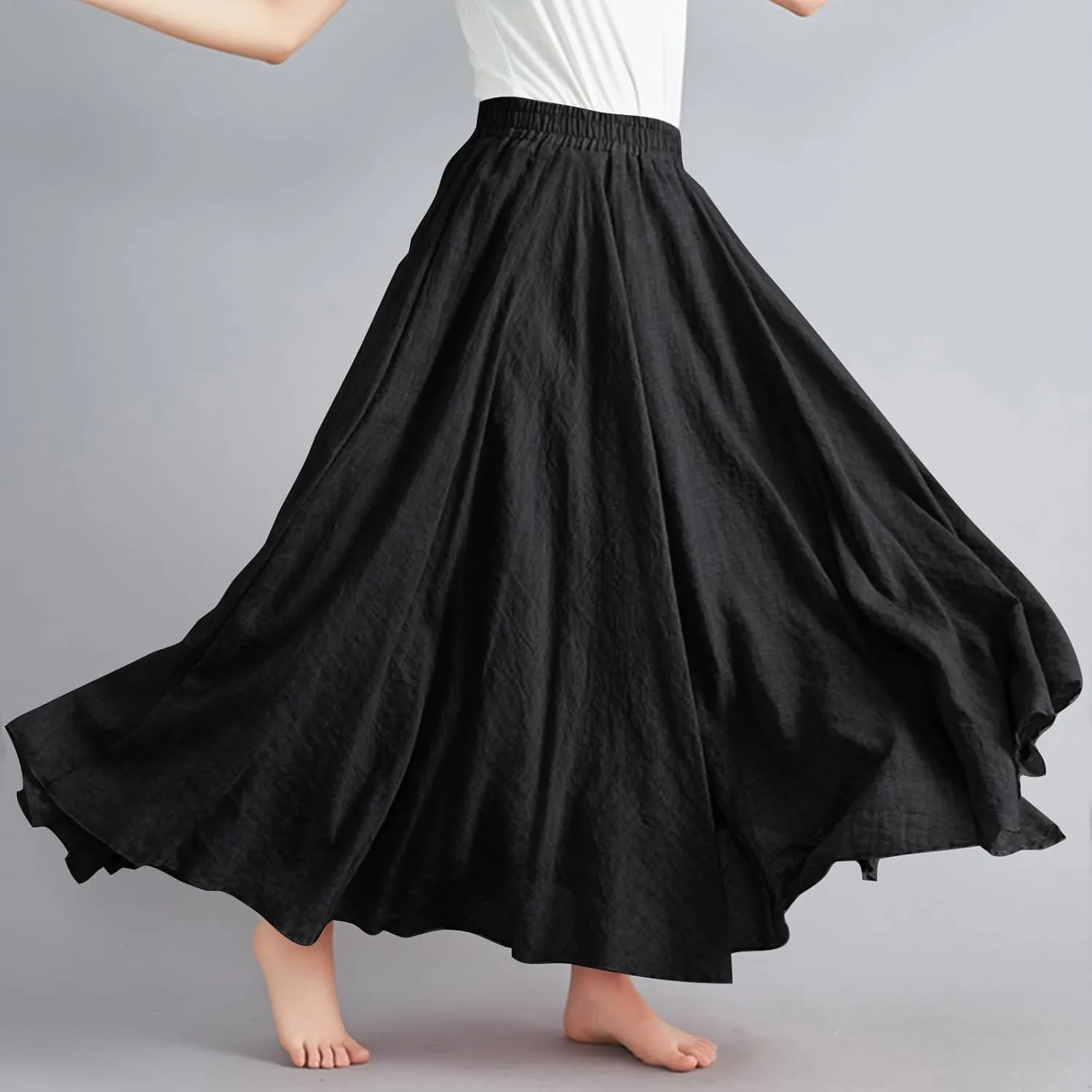 Bohemian Beach Maxi Skirts Womens Summer Solid Linen Elastic Waist Pleated Skirt Casual Fashion Flowy A-Line Skirts