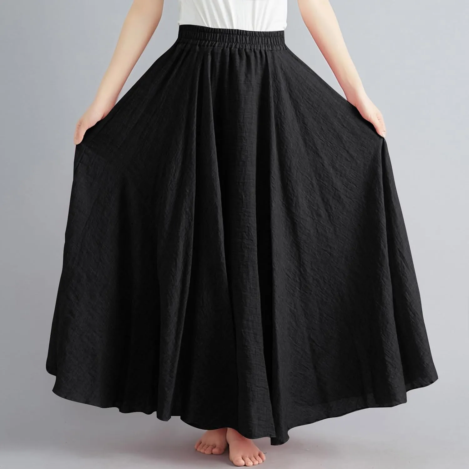 Bohemian Beach Maxi Skirts Womens Summer Solid Linen Elastic Waist Pleated Skirt Casual Fashion Flowy A-Line Skirts