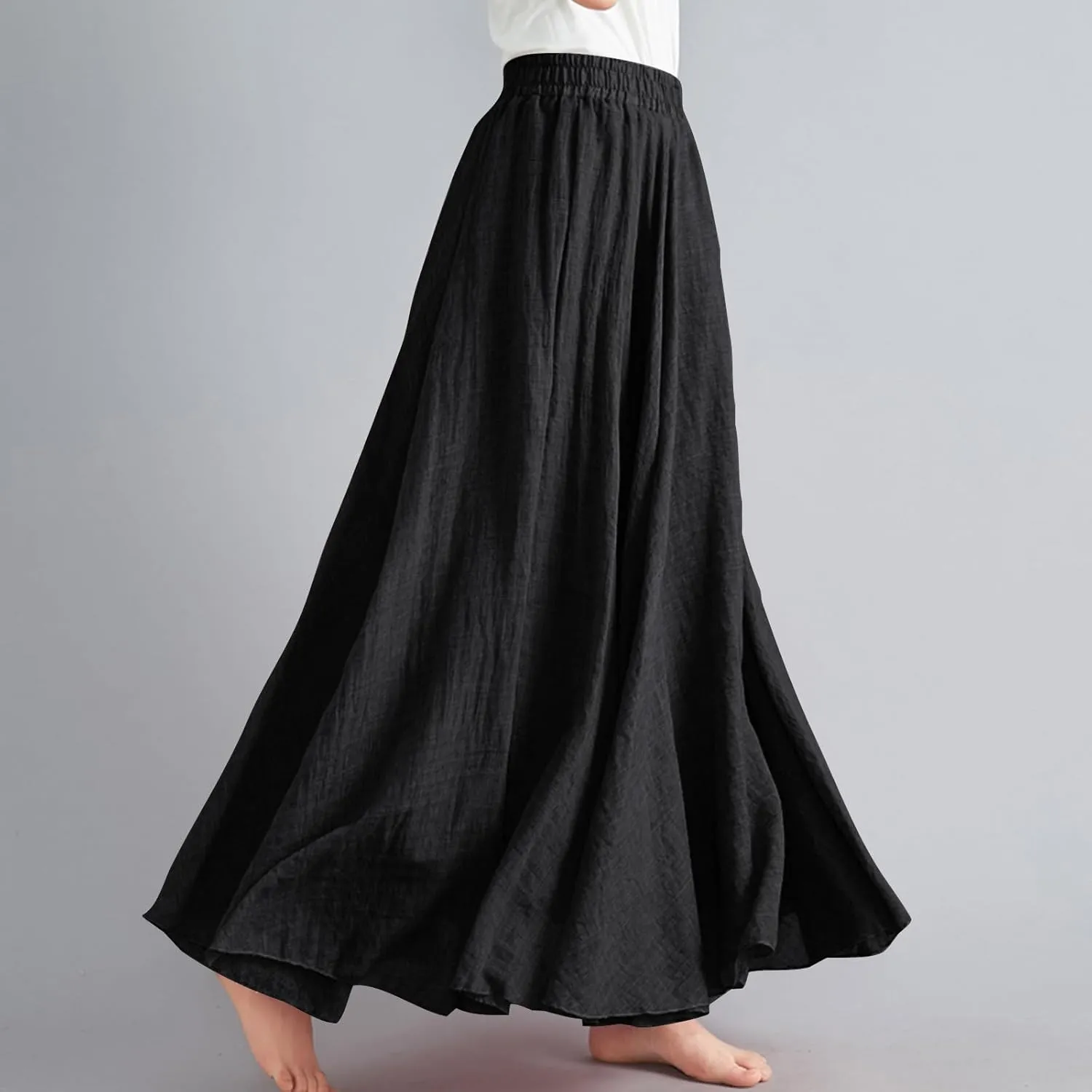 Bohemian Beach Maxi Skirts Womens Summer Solid Linen Elastic Waist Pleated Skirt Casual Fashion Flowy A-Line Skirts