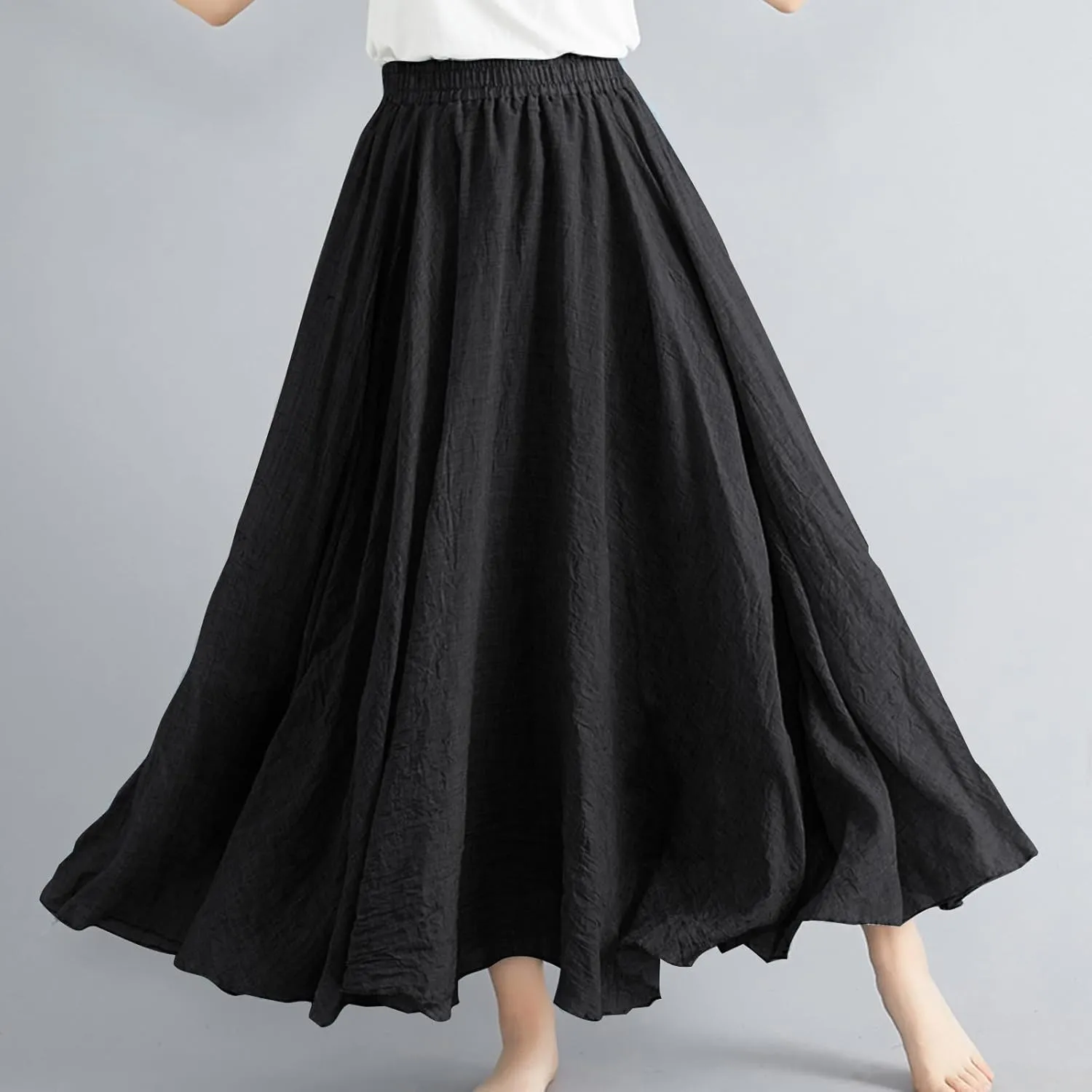 Bohemian Beach Maxi Skirts Womens Summer Solid Linen Elastic Waist Pleated Skirt Casual Fashion Flowy A-Line Skirts