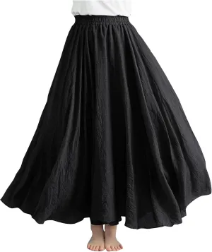 Bohemian Beach Maxi Skirts Womens Summer Solid Linen Elastic Waist Pleated Skirt Casual Fashion Flowy A-Line Skirts