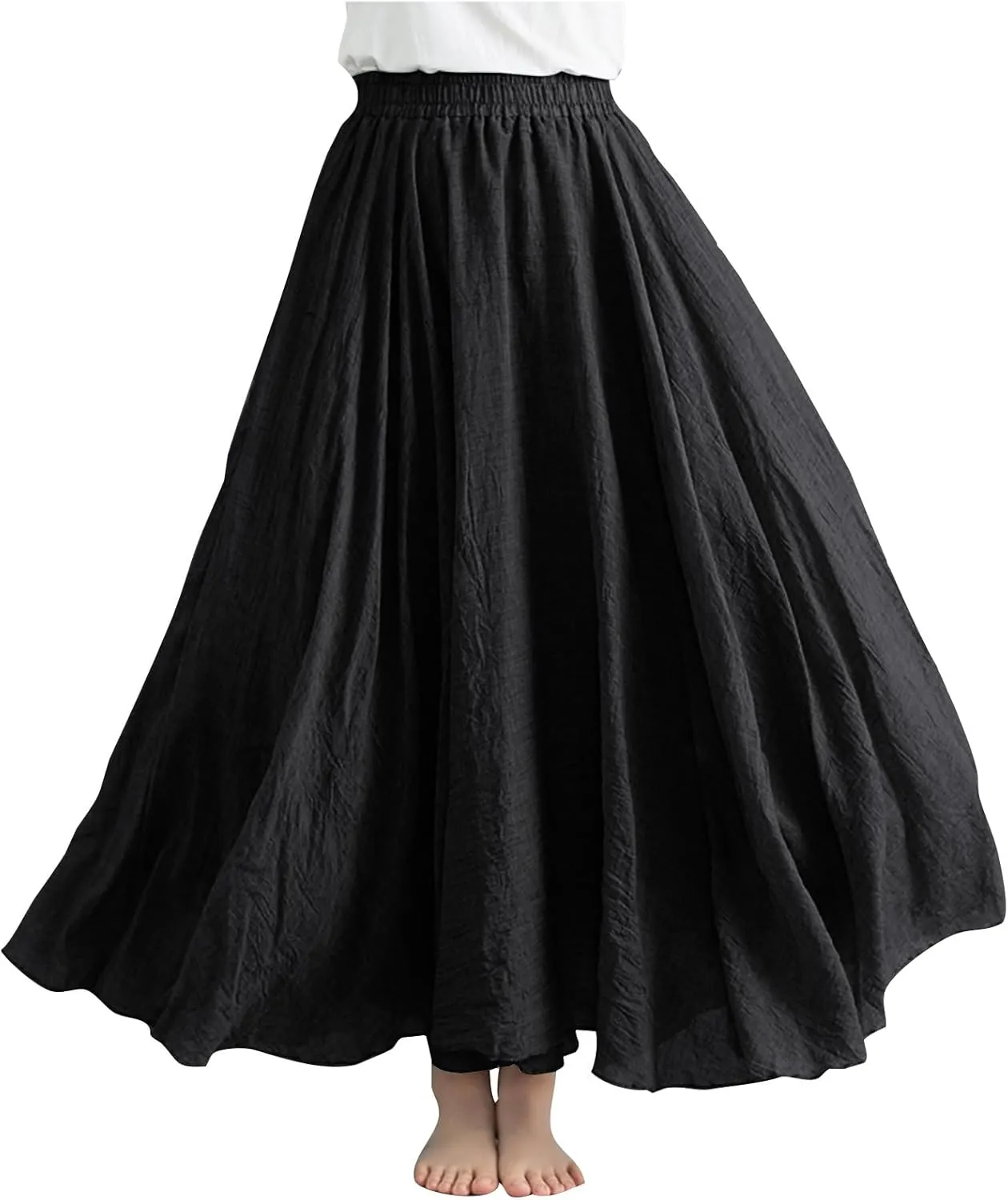 Bohemian Beach Maxi Skirts Womens Summer Solid Linen Elastic Waist Pleated Skirt Casual Fashion Flowy A-Line Skirts