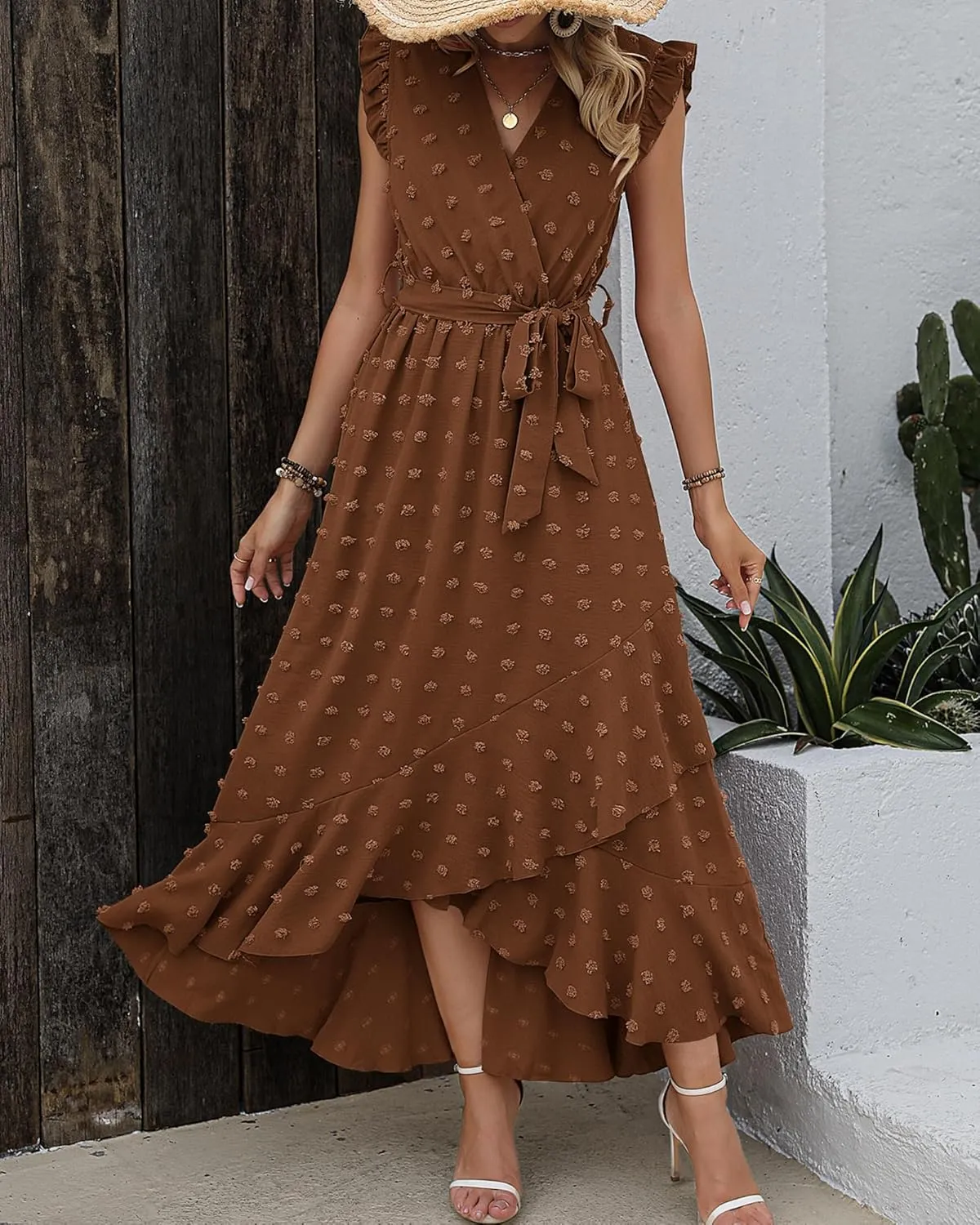 BTFBM Women V Neck Summer Dress 2025 Cap Sleeve Swiss Dot Boho Flowy Ruffle Slit Beach Party Long Maxi Cocktail Dresses