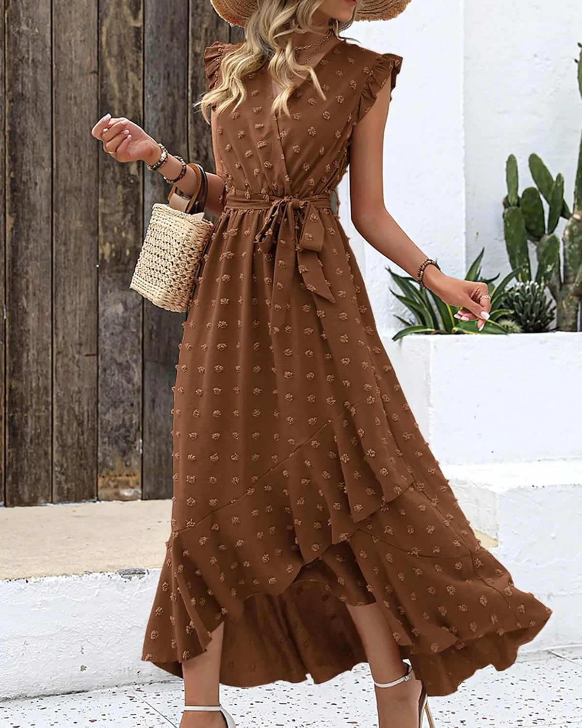 BTFBM Women V Neck Summer Dress 2025 Cap Sleeve Swiss Dot Boho Flowy Ruffle Slit Beach Party Long Maxi Cocktail Dresses