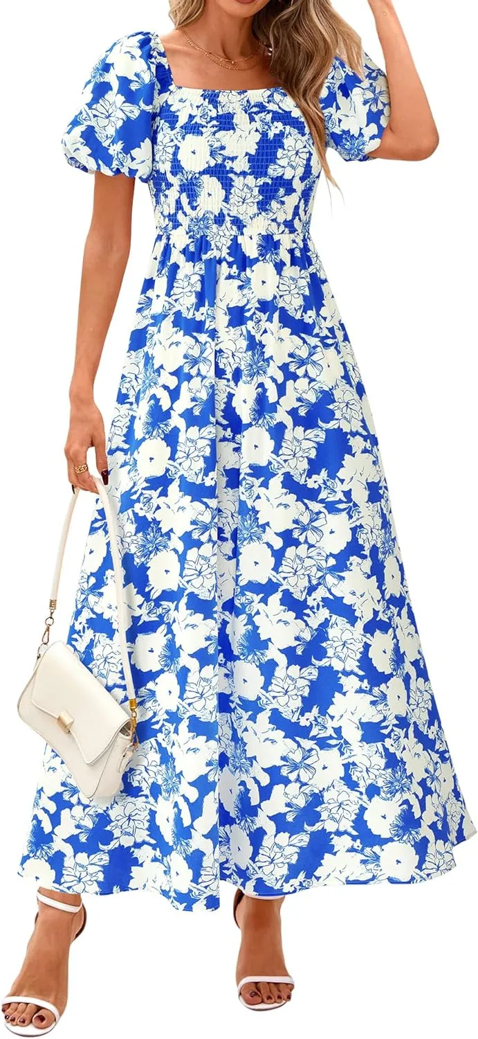 BTFBM Womens Summer 2025 Casual Maxi Dresses Short Sleeve Smocked Tiered Floral Boho Long Beach Dress with Pockets