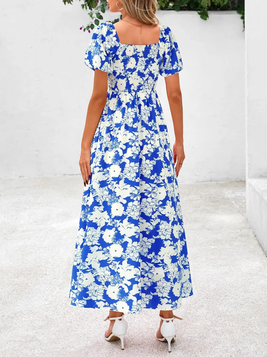 BTFBM Womens Summer 2025 Casual Maxi Dresses Short Sleeve Smocked Tiered Floral Boho Long Beach Dress with Pockets