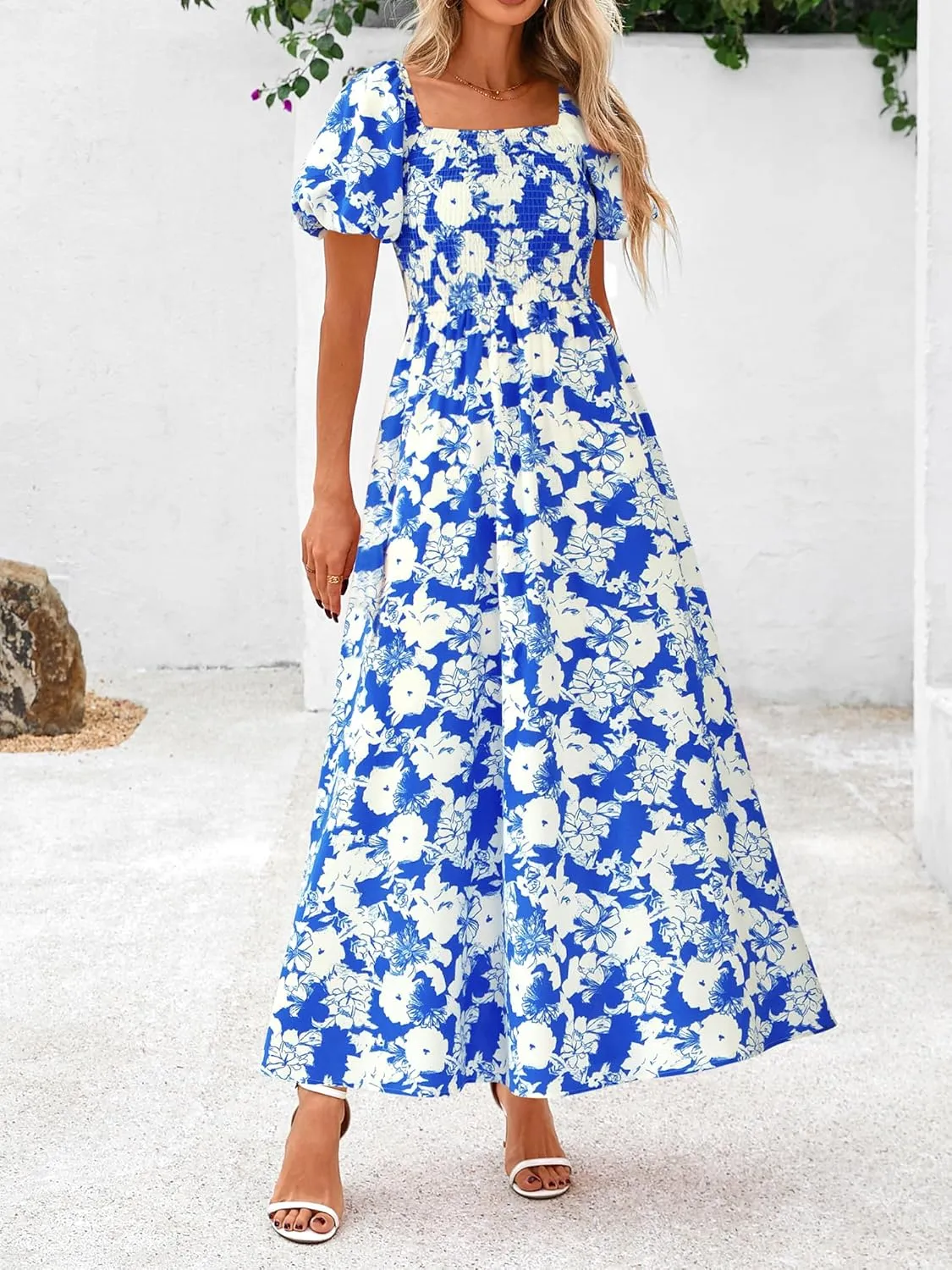 BTFBM Womens Summer 2025 Casual Maxi Dresses Short Sleeve Smocked Tiered Floral Boho Long Beach Dress with Pockets