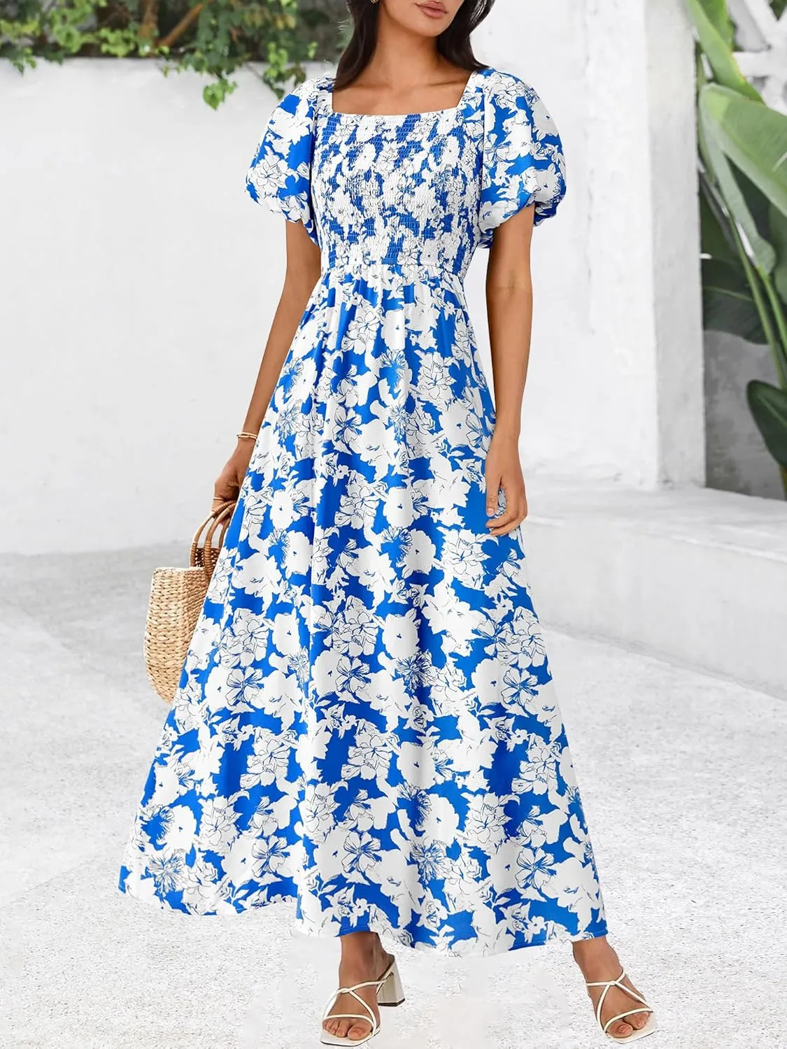 BTFBM Womens Summer 2025 Casual Maxi Dresses Short Sleeve Smocked Tiered Floral Boho Long Beach Dress with Pockets