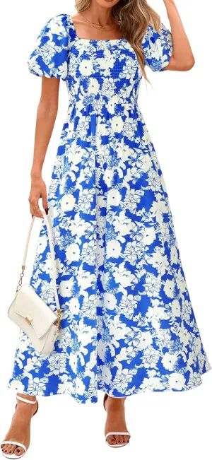 BTFBM Womens Summer 2025 Casual Maxi Dresses Short Sleeve Smocked Tiered Floral Boho Long Beach Dress with Pockets