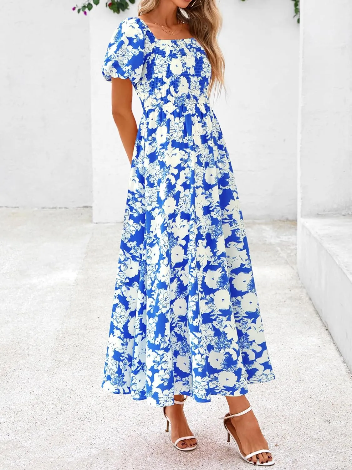 BTFBM Womens Summer 2025 Casual Maxi Dresses Short Sleeve Smocked Tiered Floral Boho Long Beach Dress with Pockets