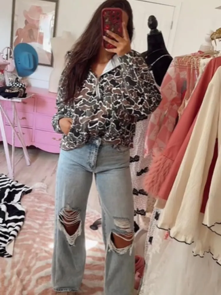 Camo Hoodie Oversized Quarter Zip Pullover Women Cute Camo Zip Up Hoodie Colorful Patchwork Cheetah Hoodies Y2k Trendy