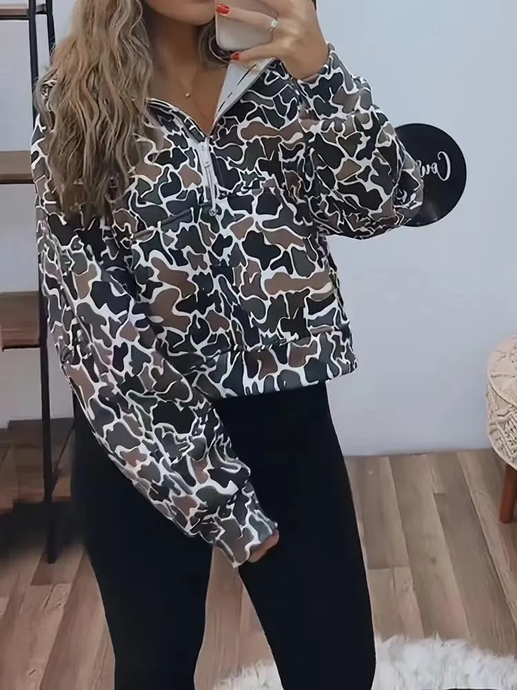 Camo Hoodie Oversized Quarter Zip Pullover Women Cute Camo Zip Up Hoodie Colorful Patchwork Cheetah Hoodies Y2k Trendy