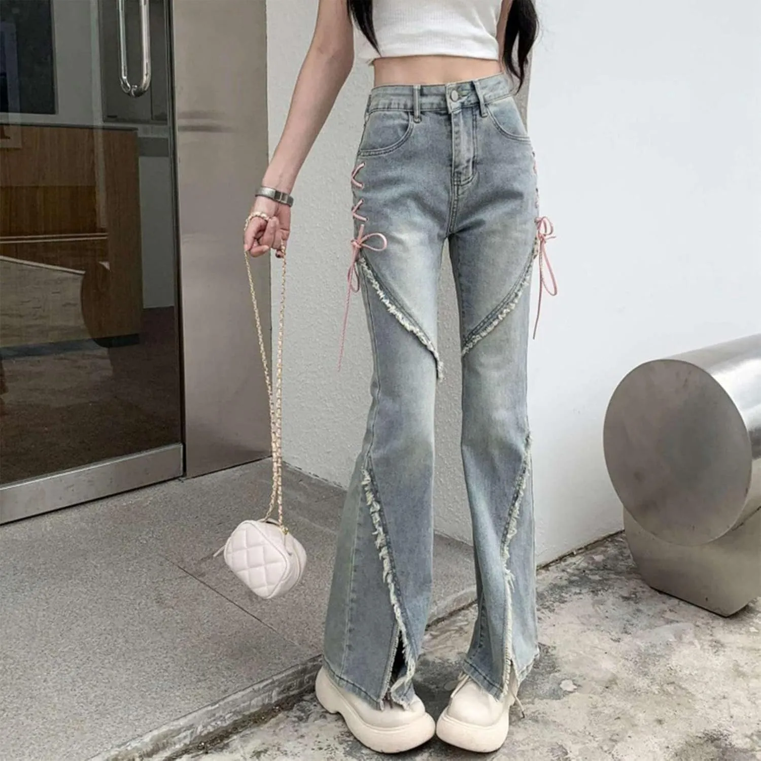 Cargo Jeans for Women Low Rise Bell Bottoms Trendy Straight Leg Stretch Denim Pants Flare Jeans Bootcut Bell Bottom