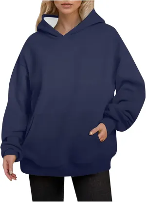 Casual Hoodies for Women Oversized Solid Pullover Tops Loose Comfy Long Sleeve Sweatshirts with Pockets Fall Clothes
